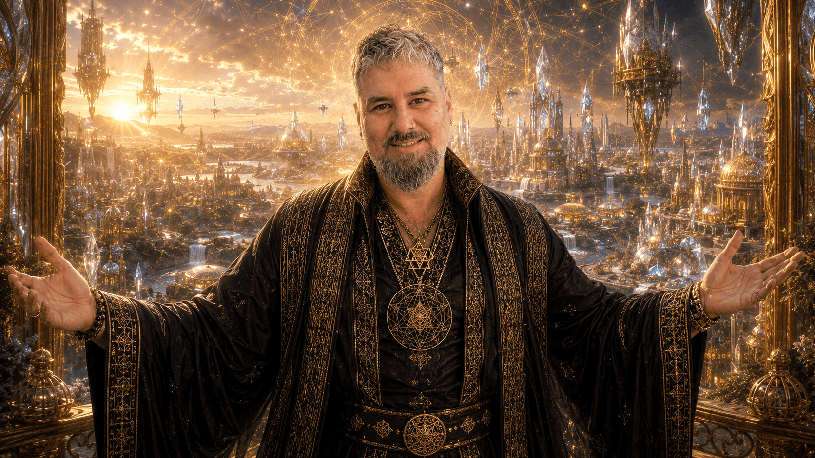 Aaron Abush welcoming the viewer before a luminous golden city