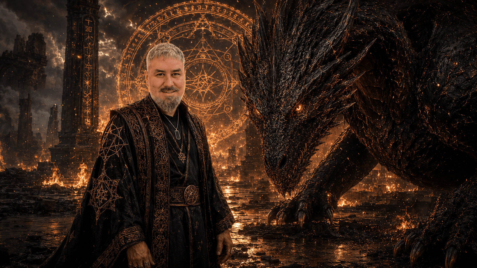 Aaron Abush standing beside a dragon in a landscape transformed by fire